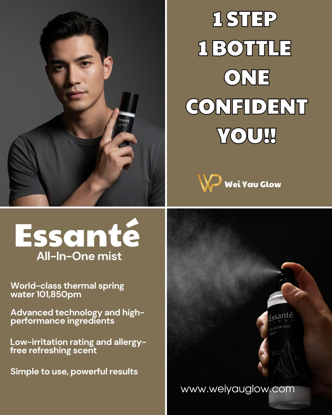 Complete Men SkinCare in JUST 1 SPRAY, Essanté ; All-In-One Mist: toner + serum + moisturizer. Smart skincare for modern men